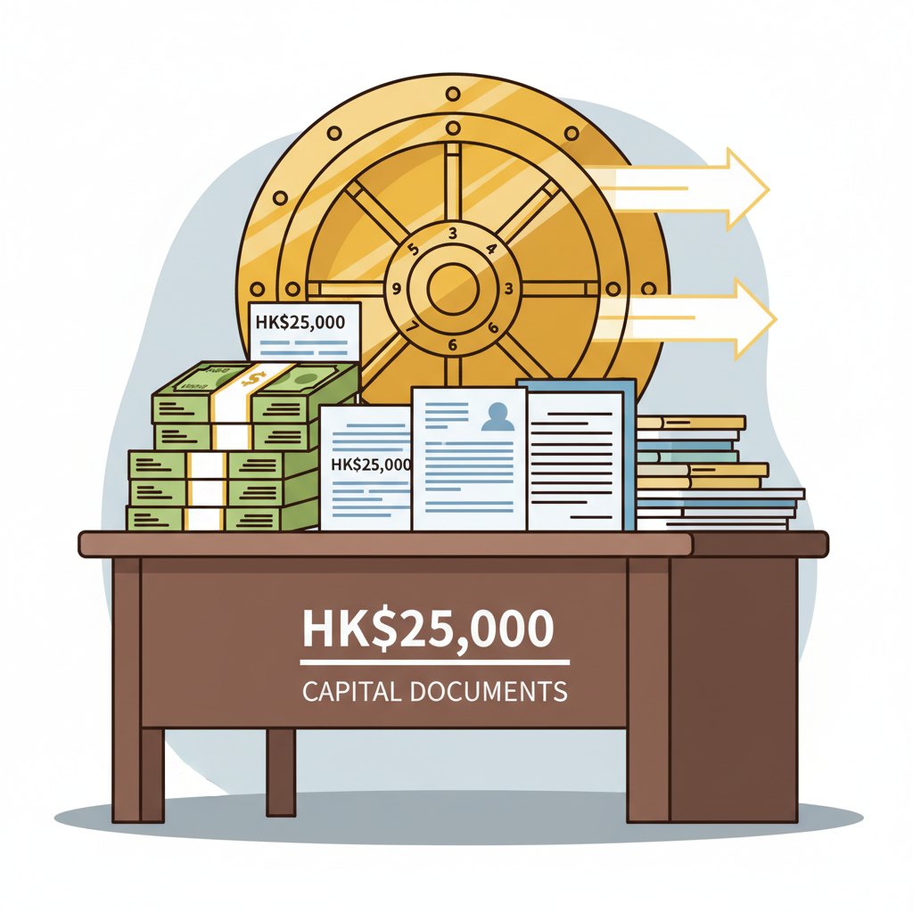 stack of HK$25M cash and capital documents on executive desk, gold vault secure lock