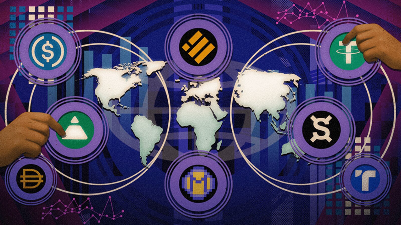 World map highlighting US, EU, and UK with icons representing stablecoin regulations in 2025