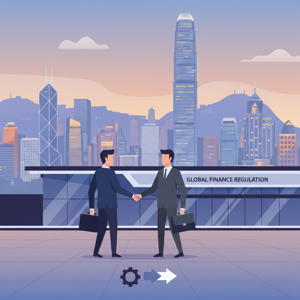 Hong Kong skyline at dusk, professionals in suits shaking hands outside modern regulatory building, strategic meeting vibe