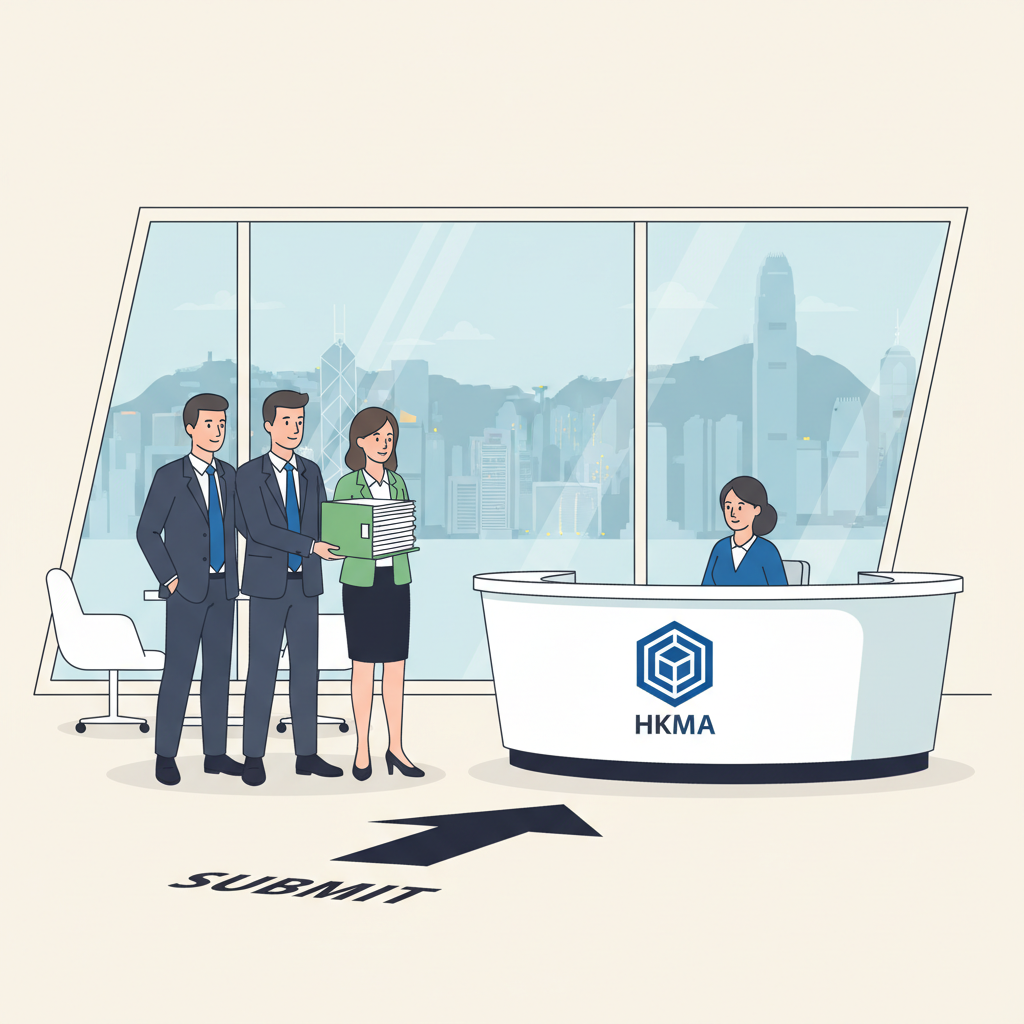 professional team submitting thick application folder to modern HKMA office, Hong Kong skyline background