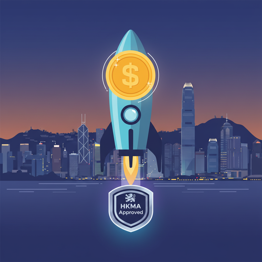 Rocket launching stablecoin logo over Victoria Harbour, HKMA approval badge, futuristic fintech glow