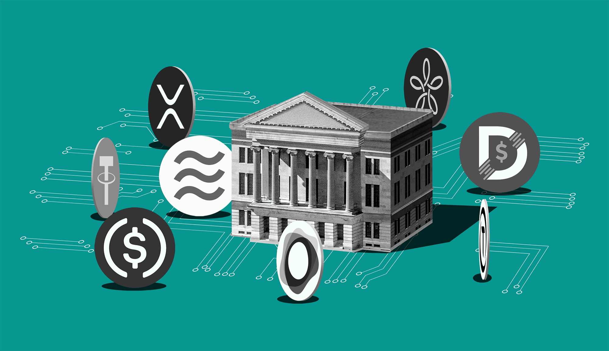 Illustration of stablecoins crossing international borders through regulatory loopholes, symbolizing global financial movement and regulatory arbitrage in 2025.