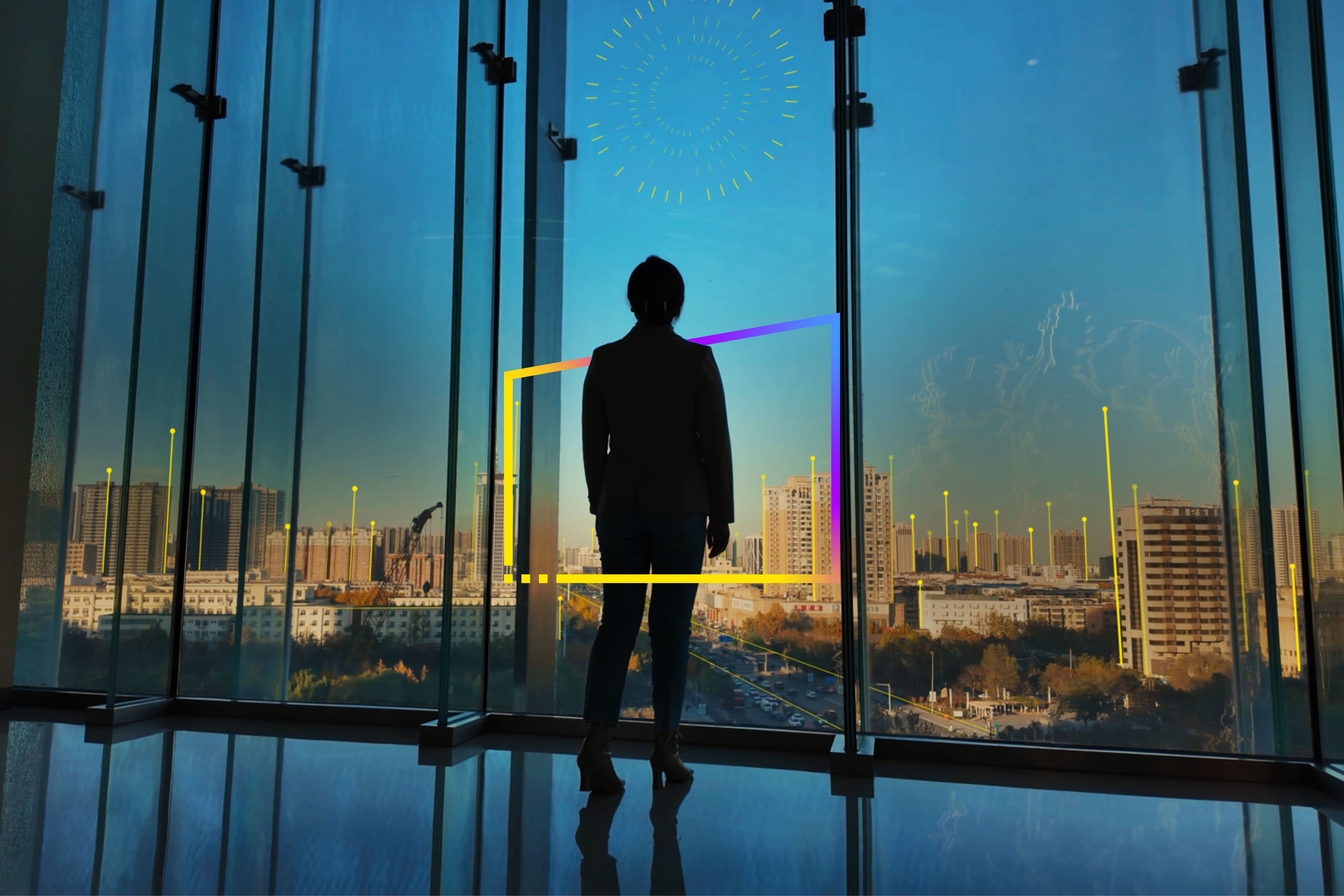 Panoramic view of Hong Kong skyline with digital currency icons representing stablecoin regulation, first movers, and global impact layered above the cityscape