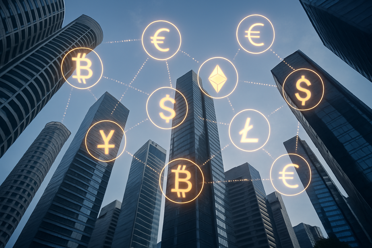 Modern office building in Singapore financial district with digital currency symbols overlay, representing stablecoin regulation in 2024