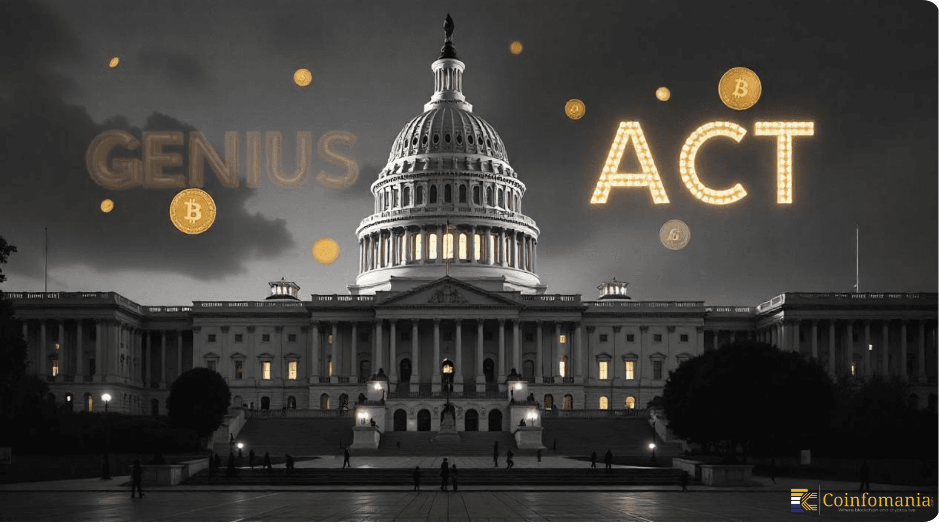 US Capitol building with digital stablecoin icons overlayed, representing GENIUS Act stablecoin regulation in 2025